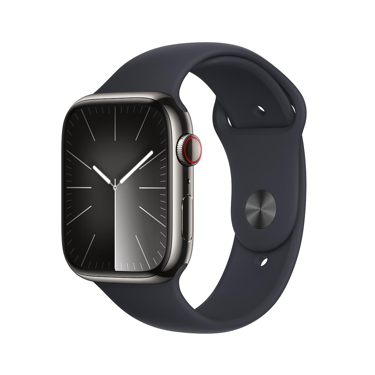 Image of Apple Watch Series 9 GPS + Cellular Stainless Steel Medium/Large Strap Midnight Sport Band Graphite Case 45mm