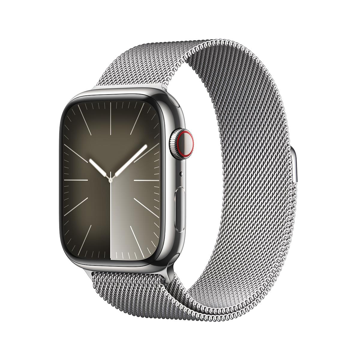 Image of Apple Watch Series 9 GPS + Cellular Stainless Steel Adjustable Strap Silver Milanese Loop Silver Case 45mm