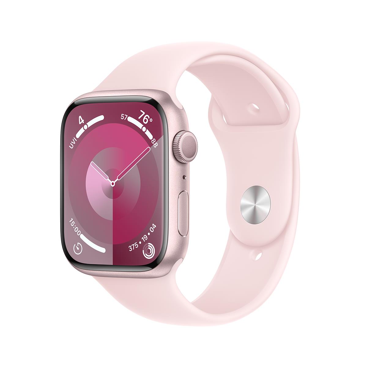 Image of Apple Watch Series 9 GPS + Cellular Aluminum Medium/Large Strap Light Pink Sport Band Pink Case 45mm