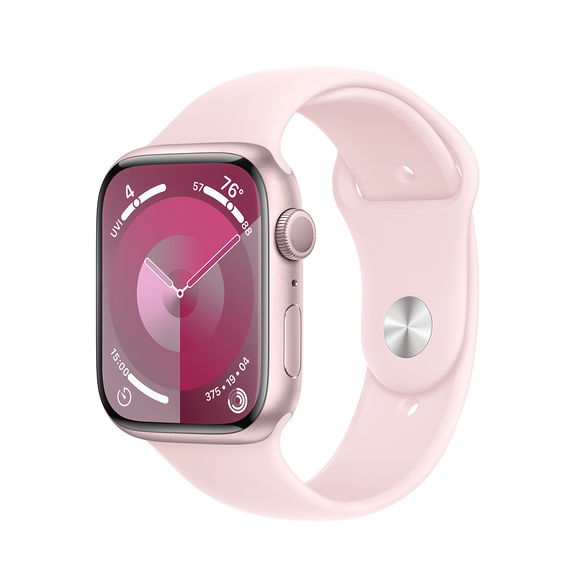 Image of Apple Watch Series 9 GPS Aluminum Medium/Large Strap Light Pink Sport Band Pink Case 45mm