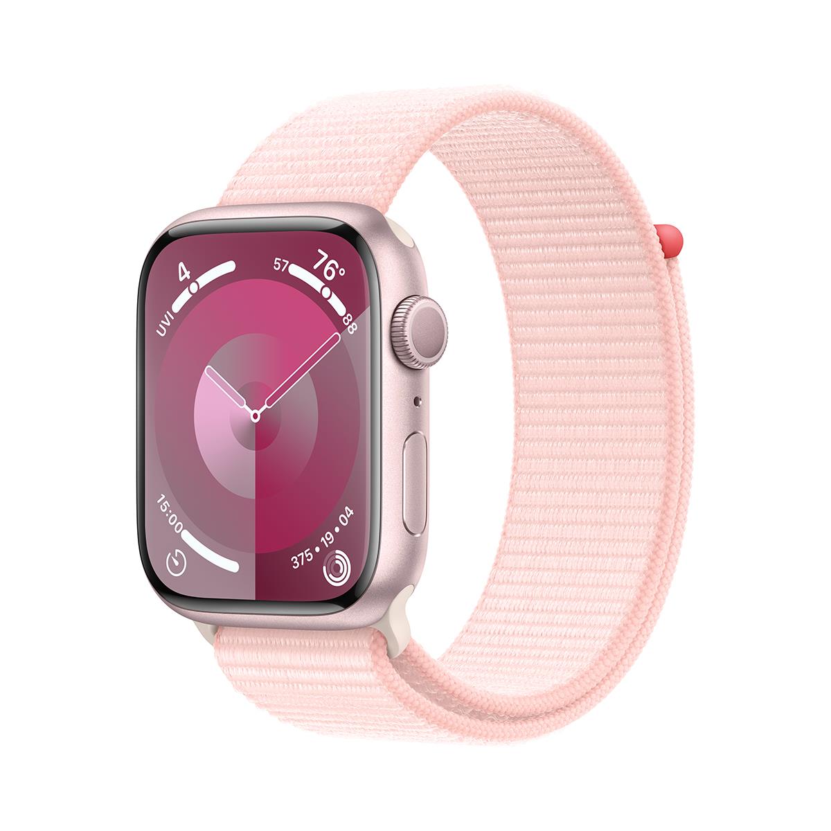Image of Apple Watch Series 9 GPS + Cellular Aluminum Adjustable Strap Light Pink Sport Loop Pink Case 45mm
