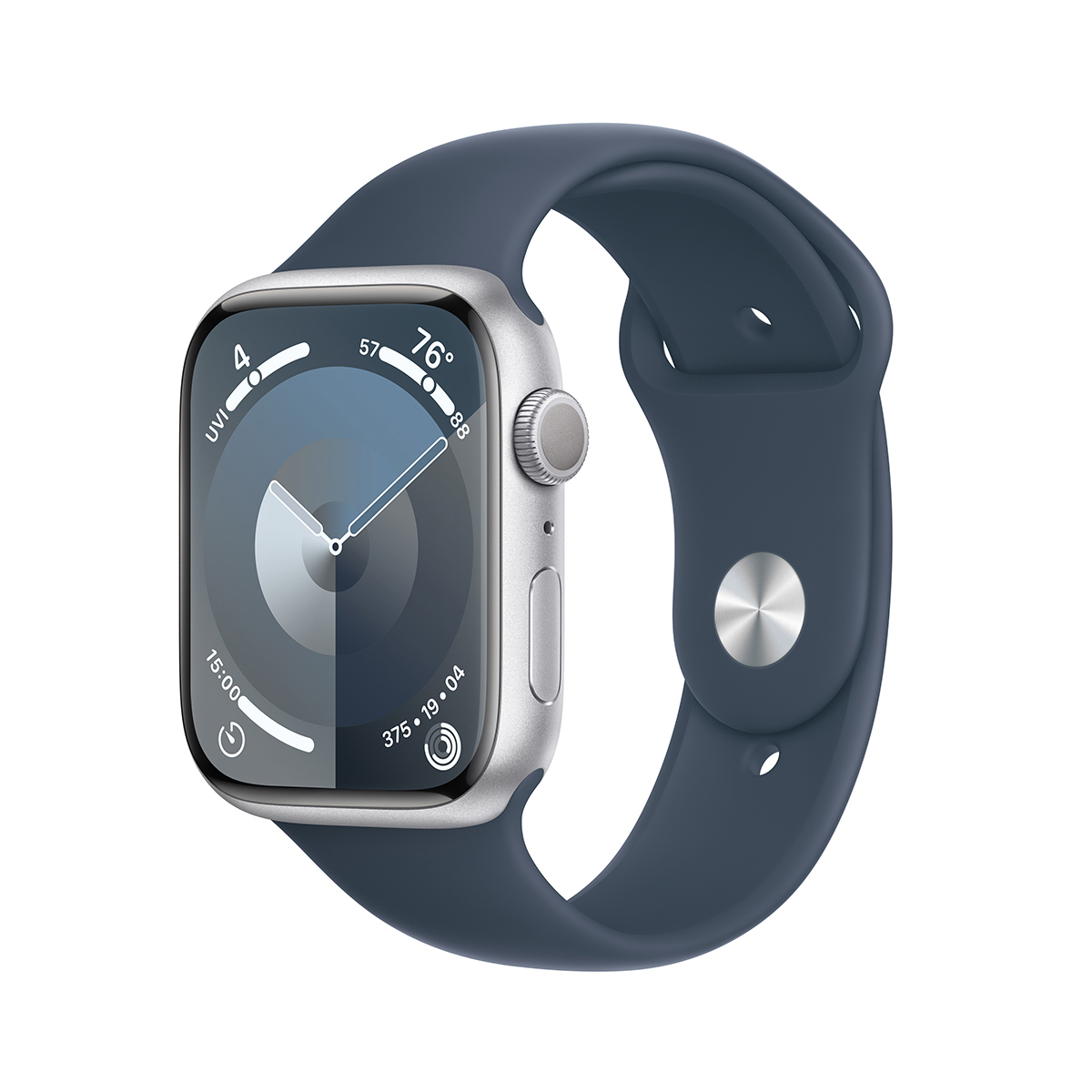 Image of Apple Watch Series 9 GPS Aluminum Medium/Large Strap Storm Blue Sport Band Silver Case 41mm