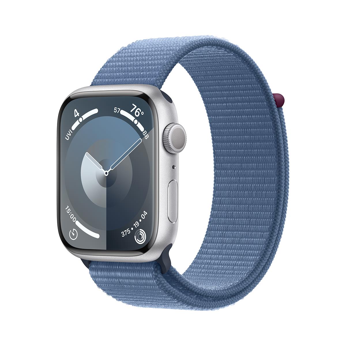 Image of Apple Watch Series 9 GPS Aluminum Adjustable Strap Winter Blue Sport Loop Silver Case 41mm