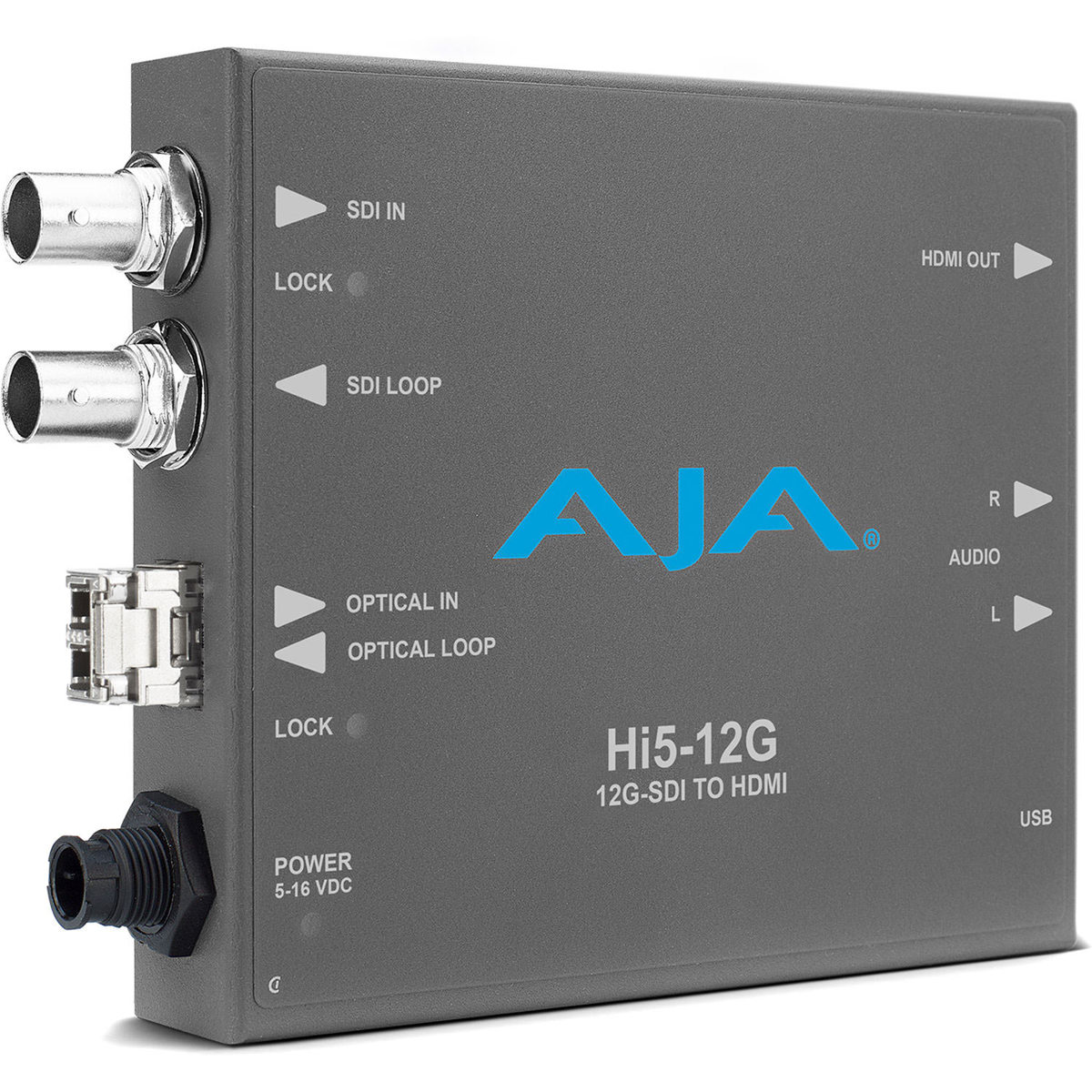 

AJA Hi5-12G-R 12G-SDI to HDMI 2.0 Mini-Converter with Fiber Receiver