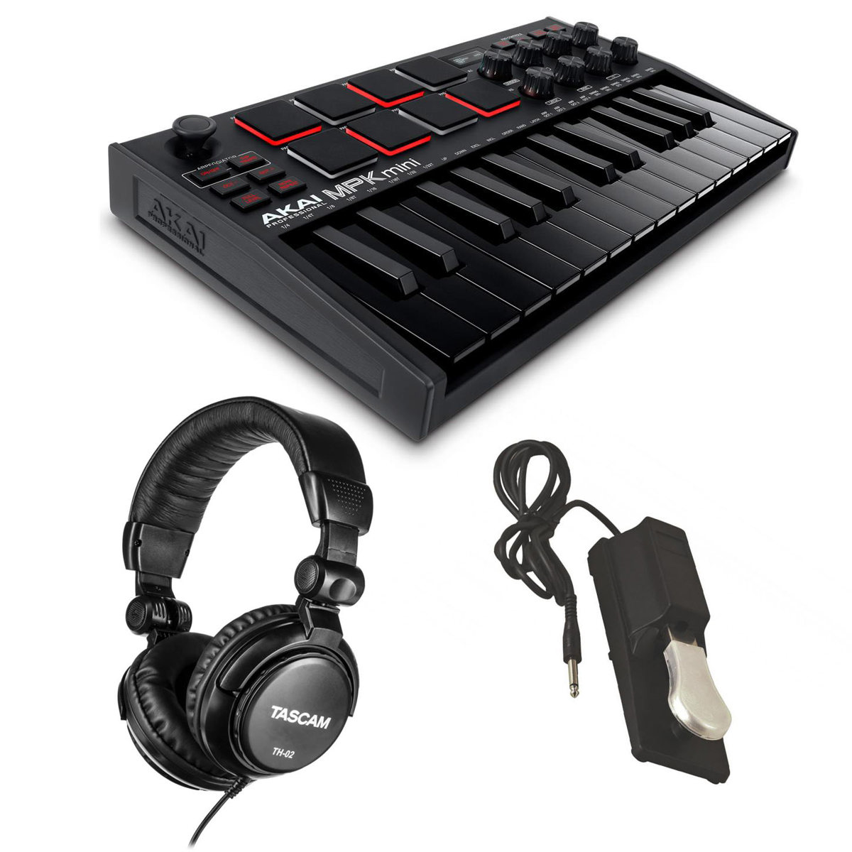 

Akai MPK Mini MK3 25-Key MIDI Controller, Black with Headphones, Pedal