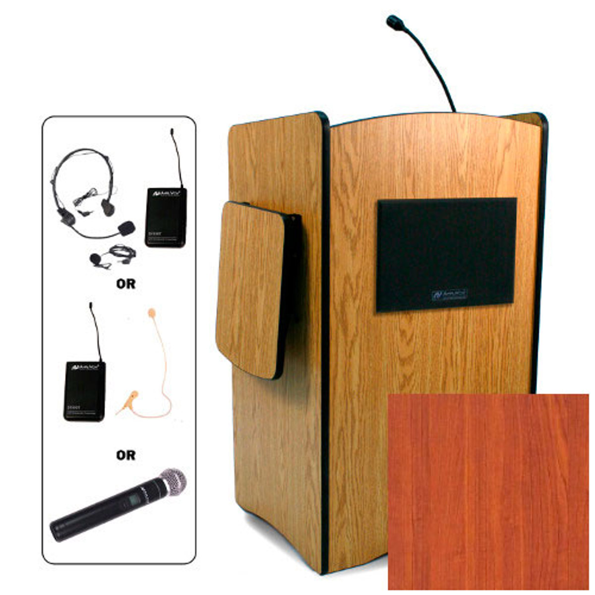 

AmpliVox SW3230 Wireless Multimedia PC Lectern with Over-Ear Mic, Cherry