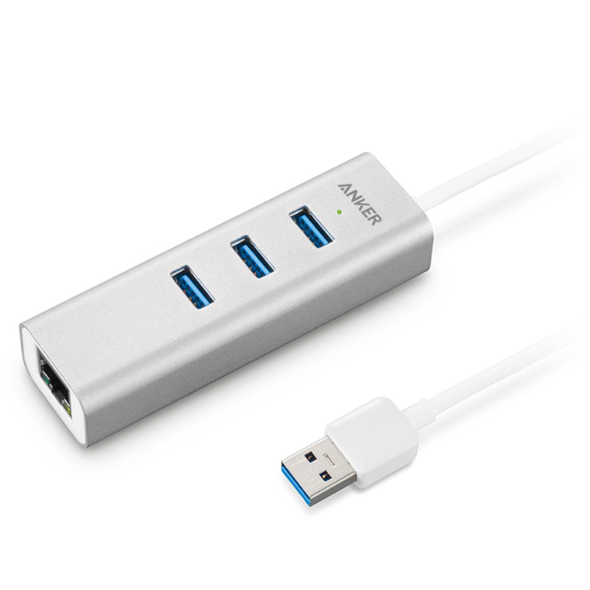 Image of Anker Aluminum 3-Port USB 3.0 and Ethernet Hub with 1.3' Cable