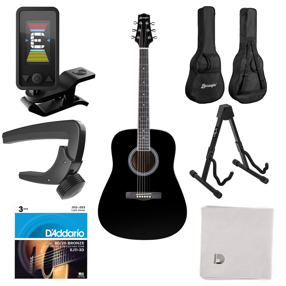 Boroughs B20DBK Beginner Dreadnought Acoustic Guitar, Black with Accessories Kit -  B20DBK AK