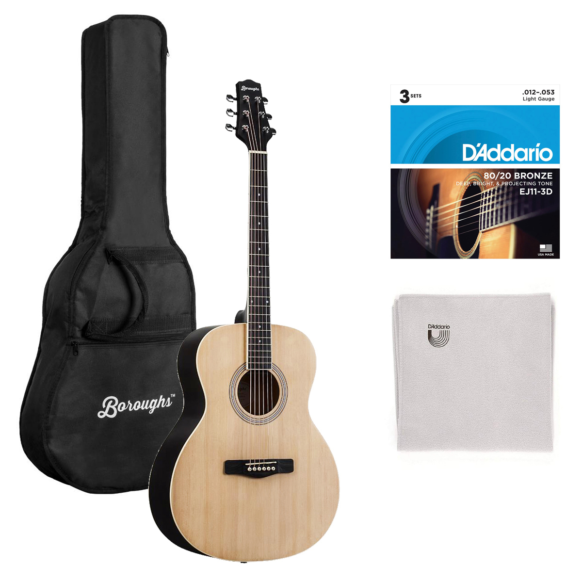 

Boroughs B20DNT Beginner Dreadnought Acoustic Guitar, Natural, w/Essentials Kit