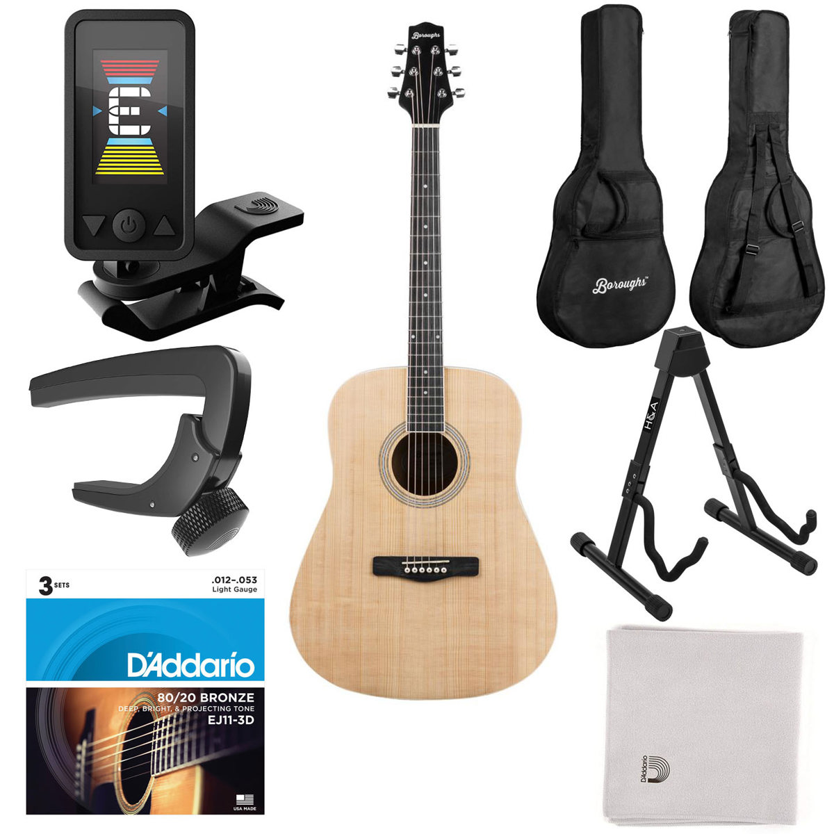 

Boroughs B20DNT Beginner Dreadnought Acoustic Guitar, Natural with Starter Kit