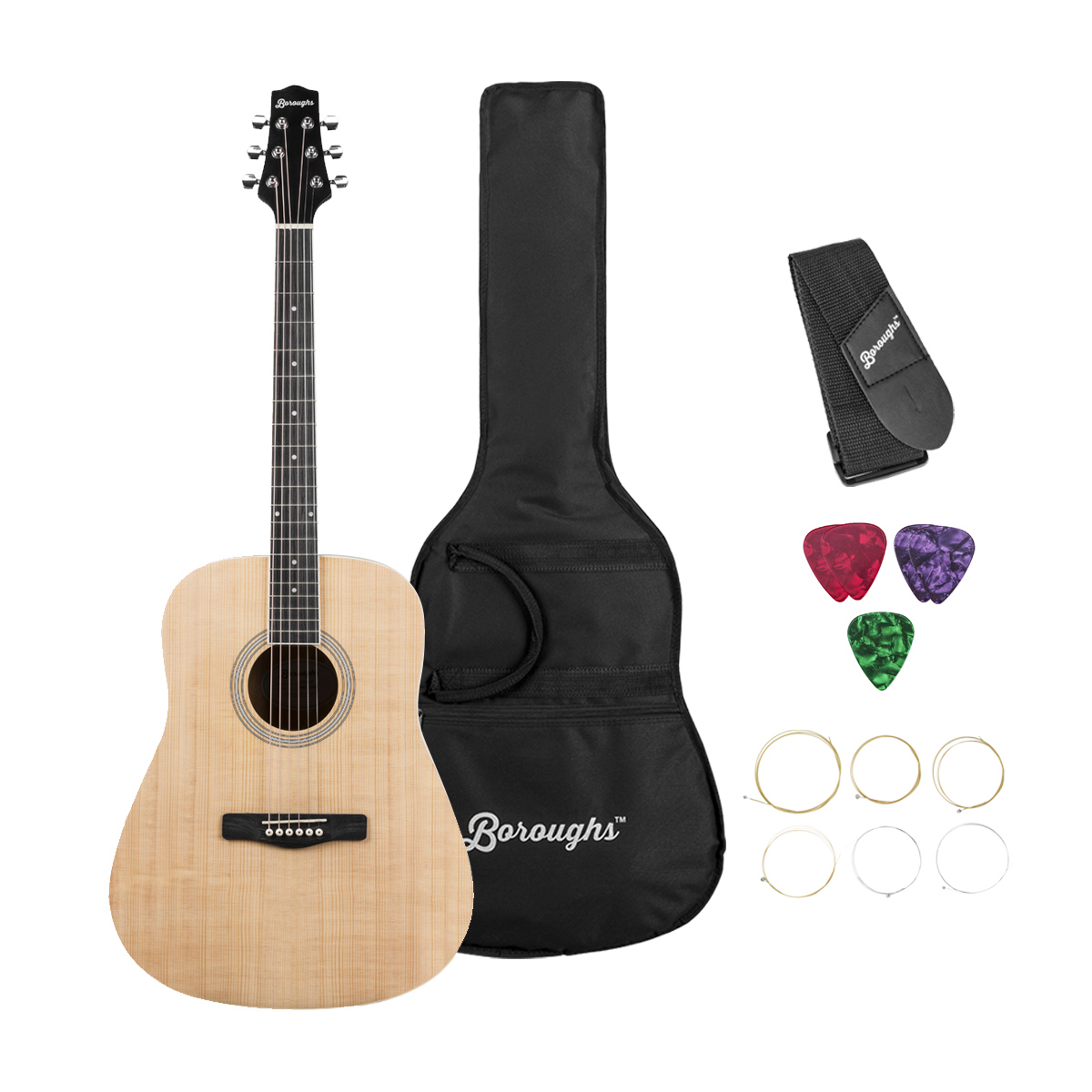 Boroughs B20DNT Beginner Dreadnought Acoustic Guitar Pack, Natural -  B20DNTPK