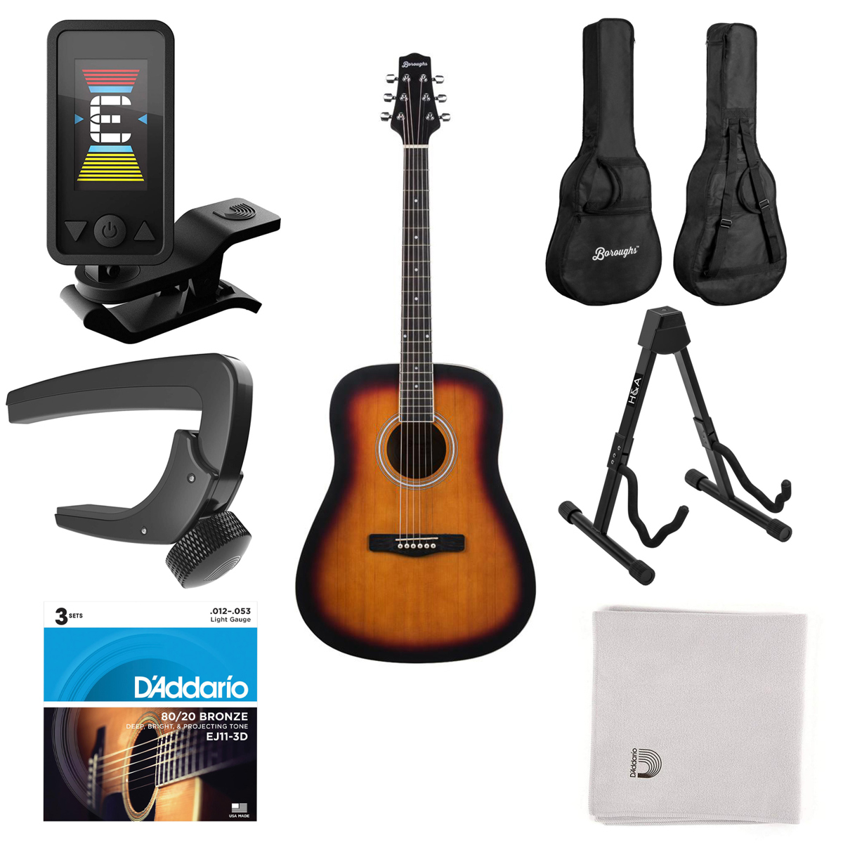 

Boroughs B20DSB Beginner Dreadnought Acoustic Guitar, Sunburst w/Accessories Kit
