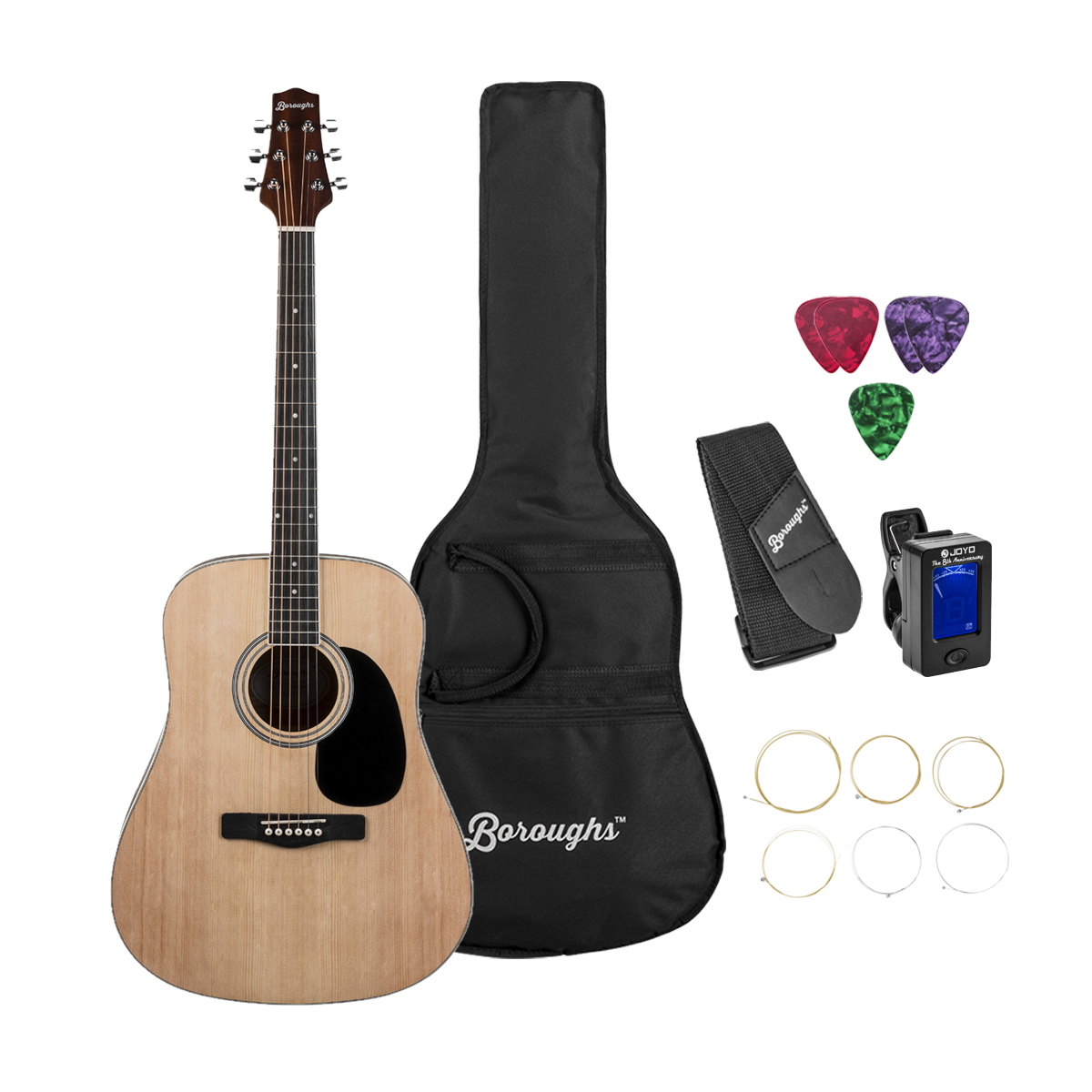 Dreadnought Acoustic Guitar Pack, Natural - Boroughs B30DNTPK