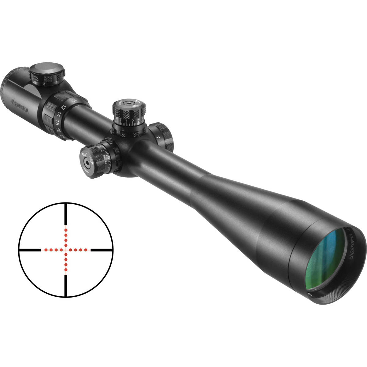 

Barska 10-40x50mm Swat Riflescope, Illum Mil-Dot Ret, Side Parallax, 30mm Tube