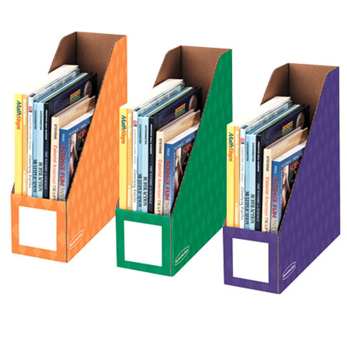 

Bankers Box 4" Magazine File Holders, 3/Pack, Purple/Green/Orange