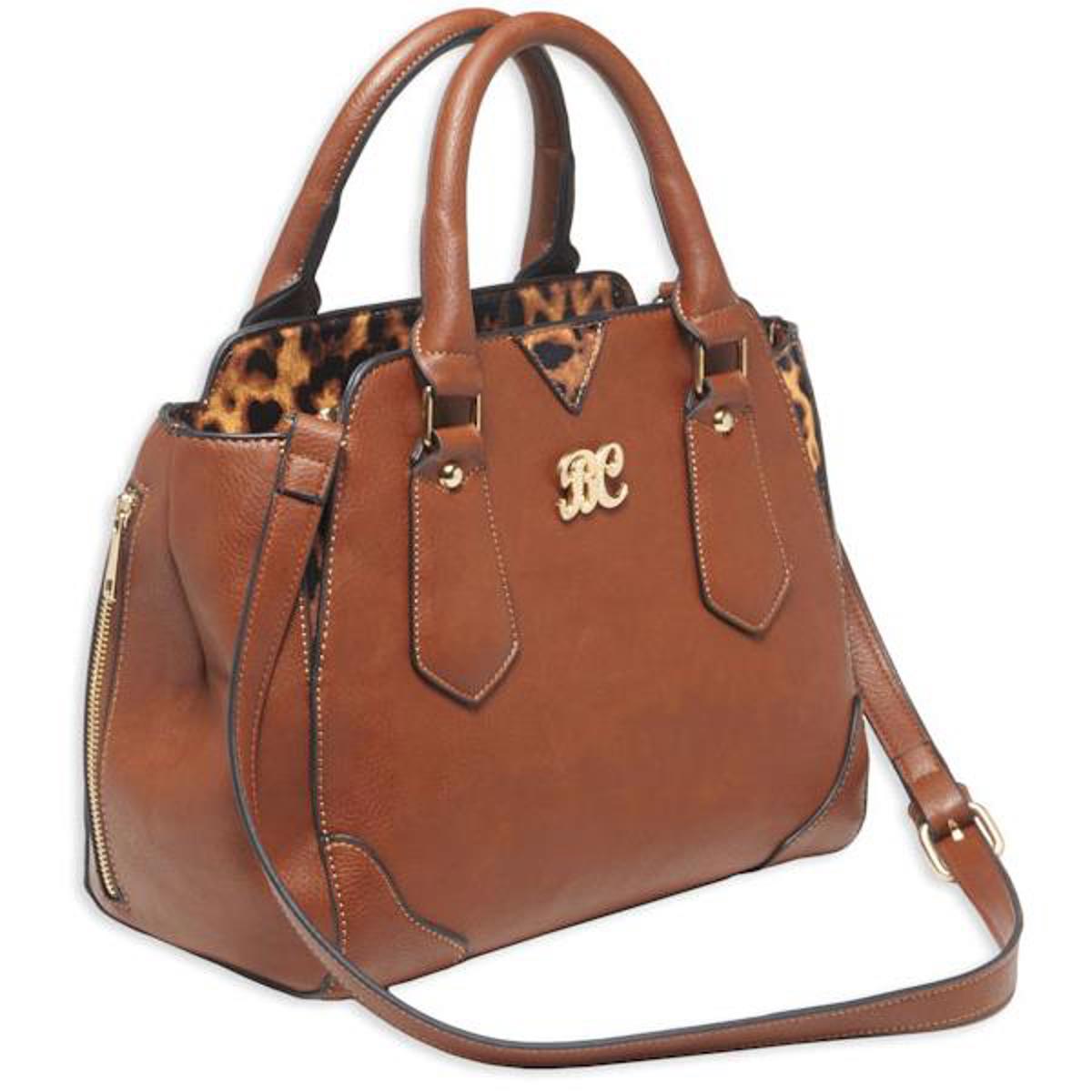 

Bulldog Satchel Style Purse with Holster, Chestnut with Leopard Trim