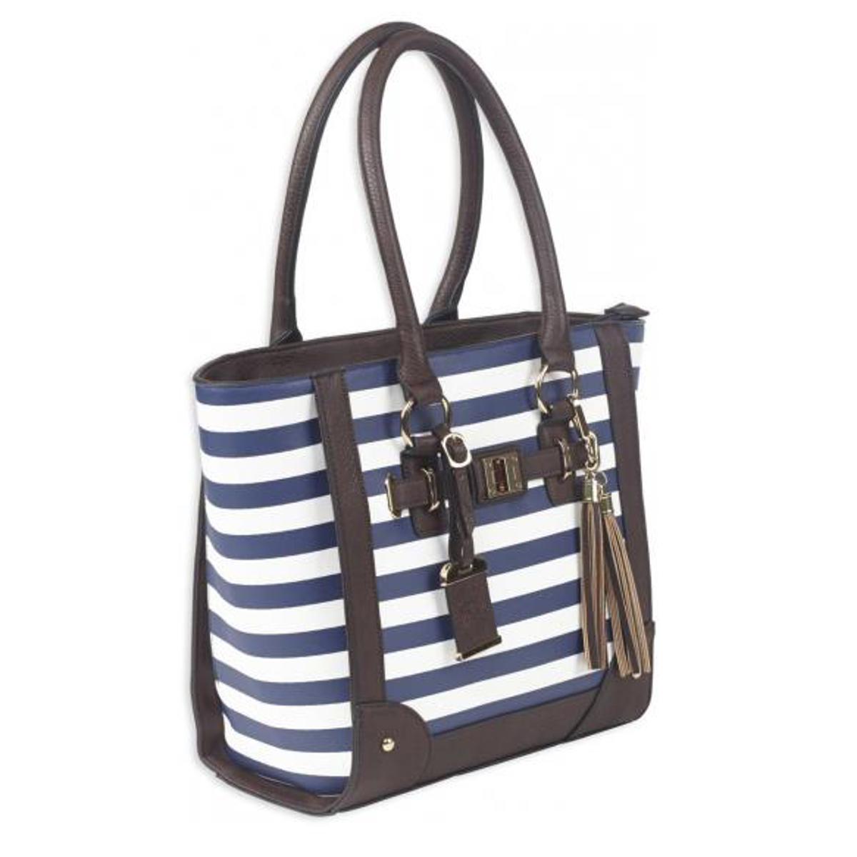 

Bulldog Tote Style Purse with Holster f/Small Handguns, Navy Stripe Faux Leather