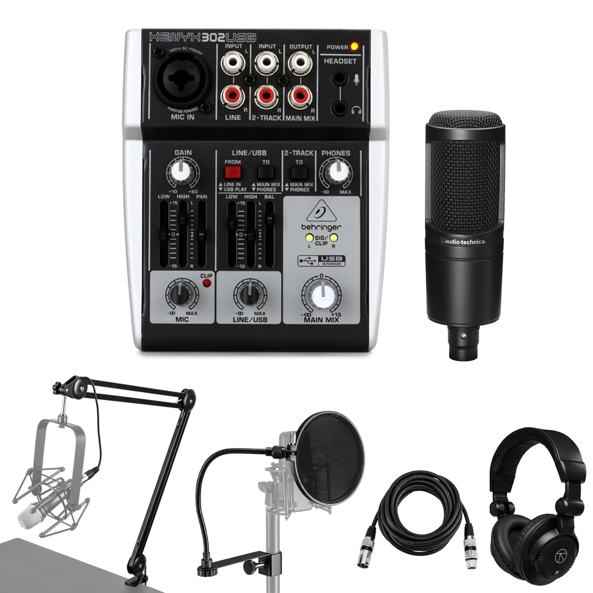 

Behringer XENYX 302USB Premium 5-Input Mixer, w/AT2020 Mic & TAPH100 Headphones