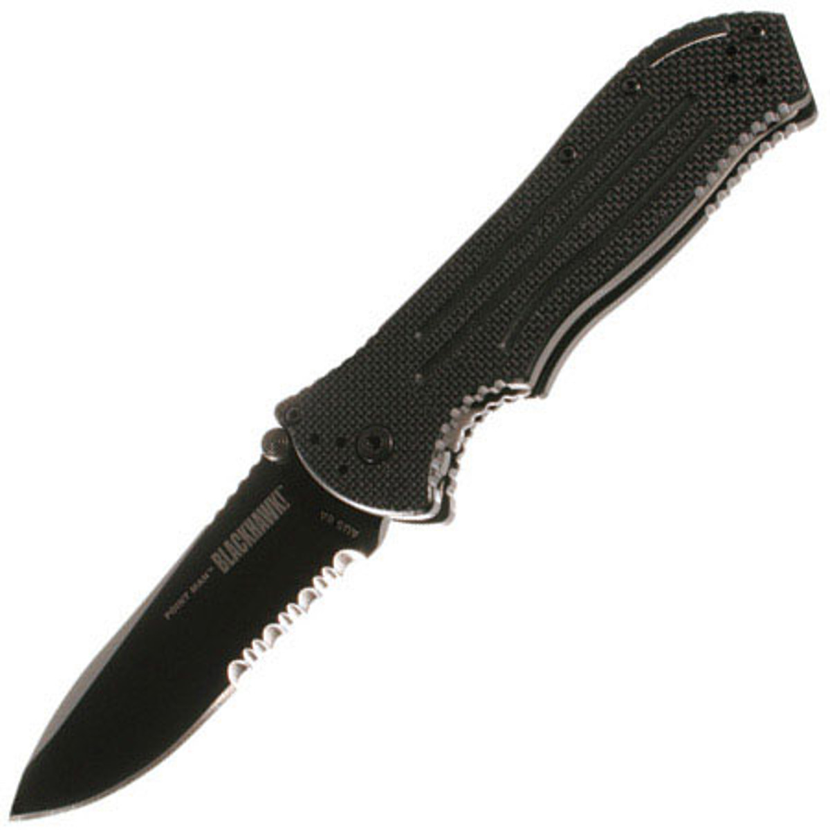 

Blackhawk Point Man Folding Serrated Edge Knife with 3.4" Spear Point Blade, Blk