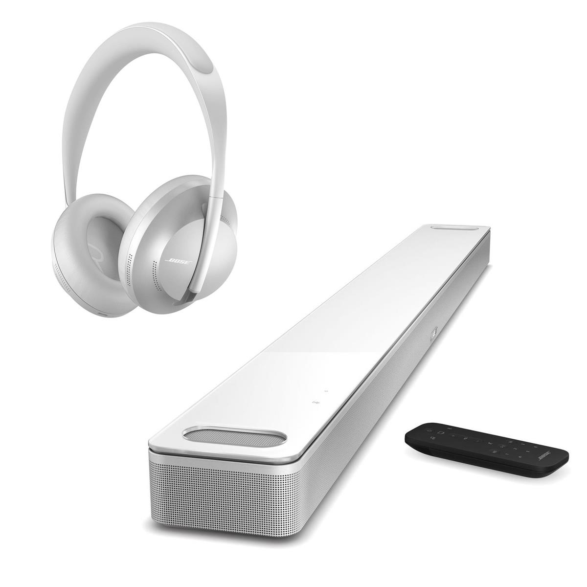 Bose Smart Soundbar 900, White with Bose Bluetooth Headphones 700, Luxe Silver -  863350-1200 B