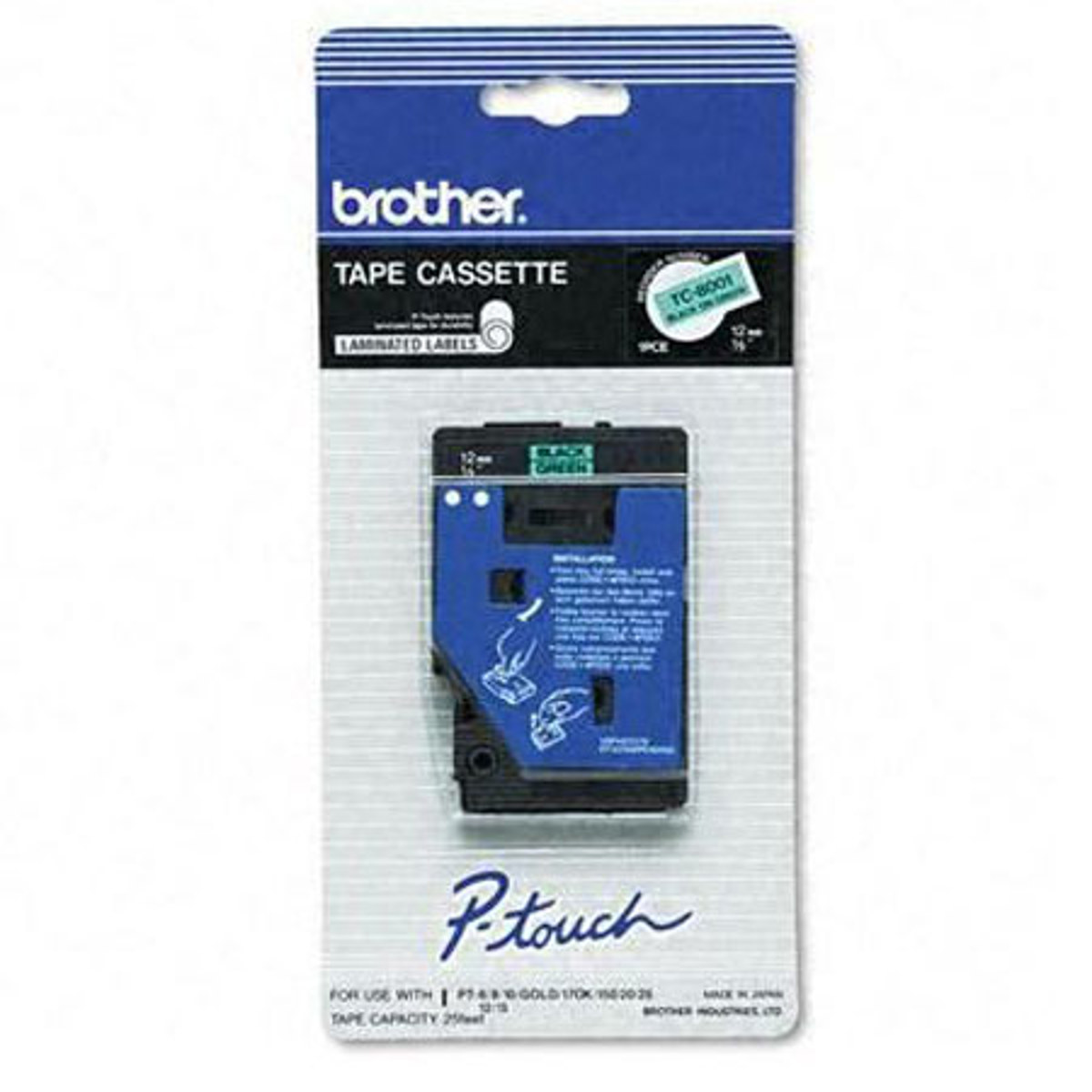 

Brother TC8001 0.47" Black on Green Tape for P-Touch (25.26ft)