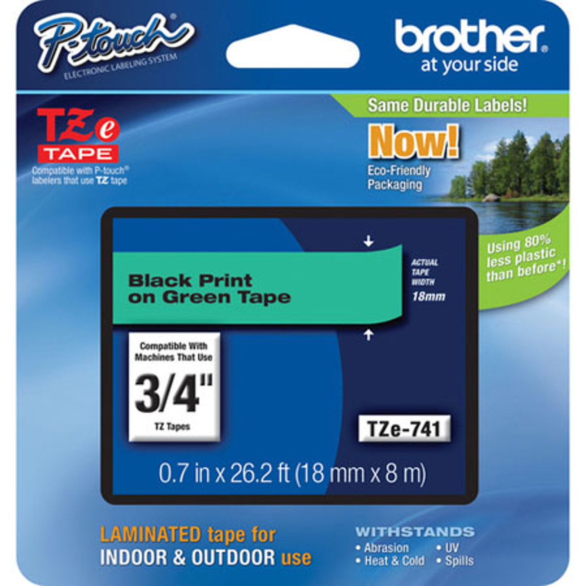 

Brother TZe741 18mm (0.7") Black on Green Tape for P-Touch
