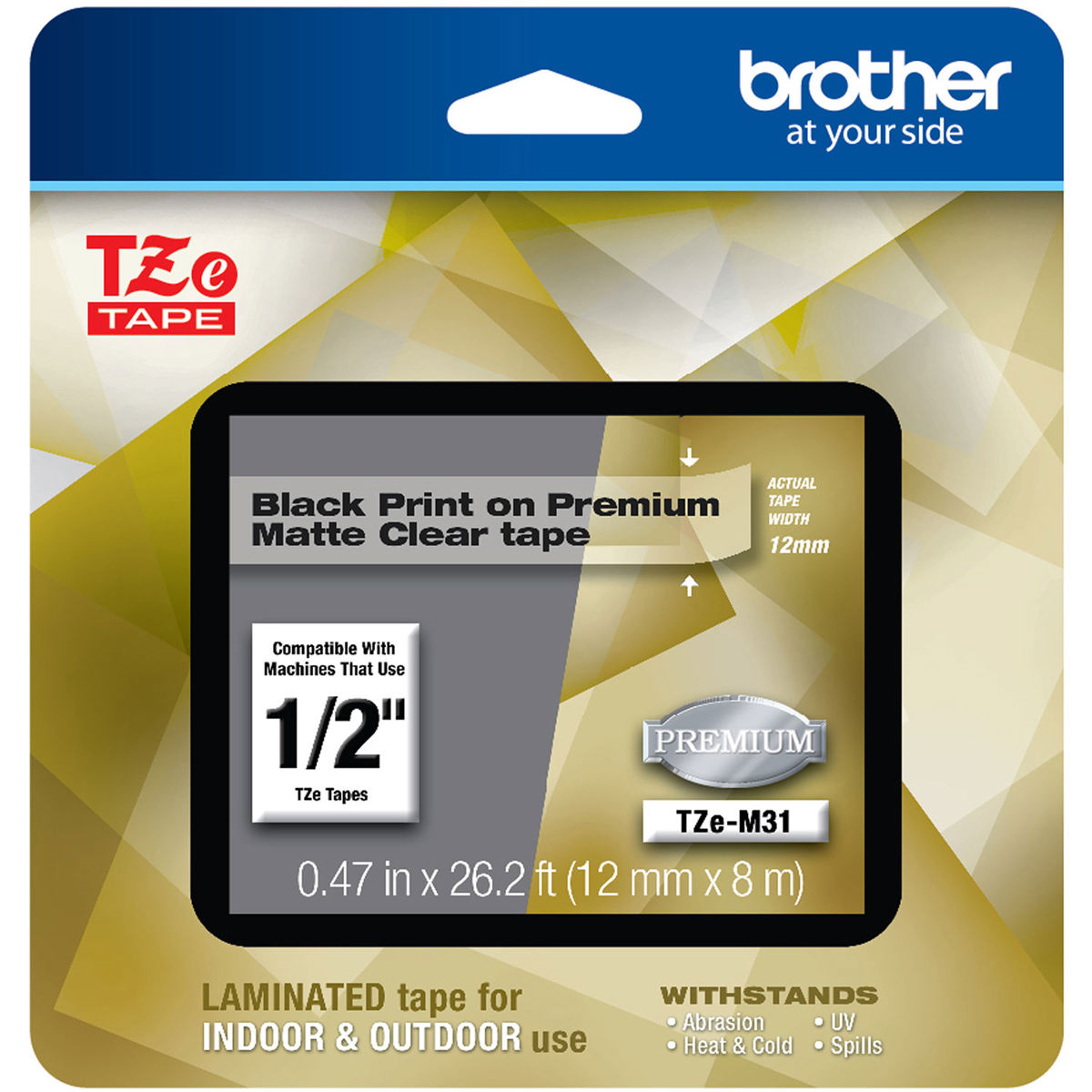 

Brother TZe-M31 12mm (0.47") Black on Premium Matte Clear Labeling Tape, 26.2'