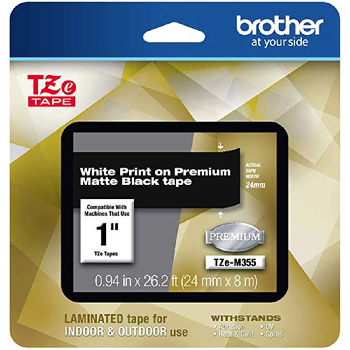 

Brother TZe-M355 24mm (0.94") White on Premium Matte Black Labeling Tape, 26.2'
