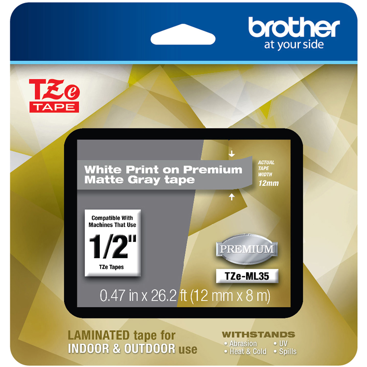 

Brother TZe-ML35 12mm (0.47") White on Premium Matte Gray Labeling Tape, 26.2'