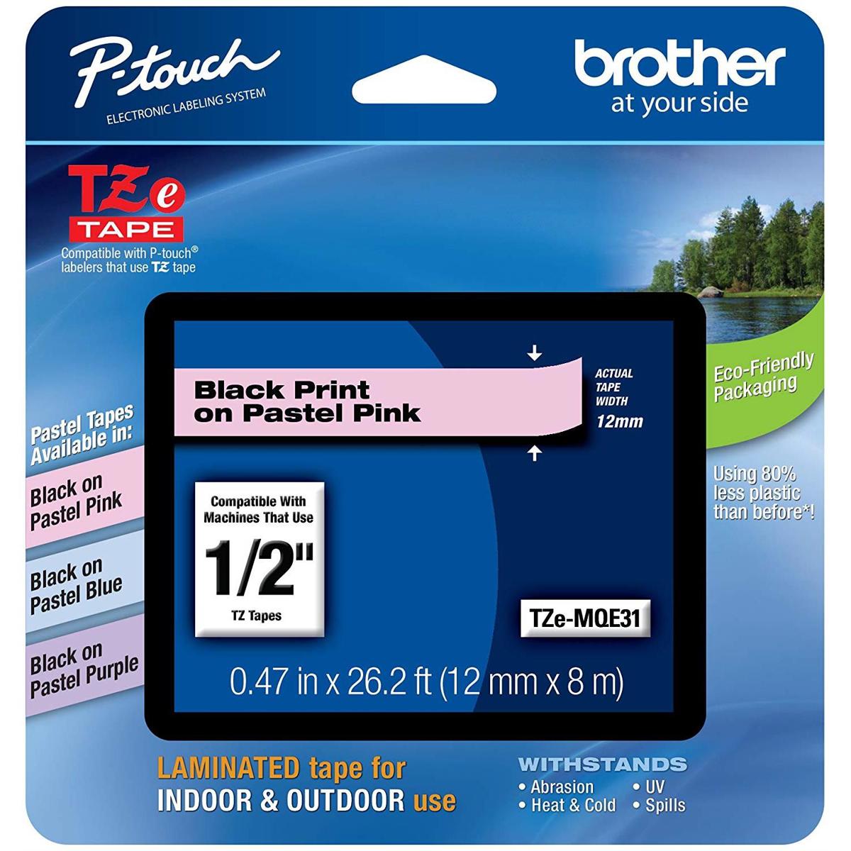 

Brother 0.47"x26.2' Laminated Tape for P-Touch Labelers, Black on Pastel Pink