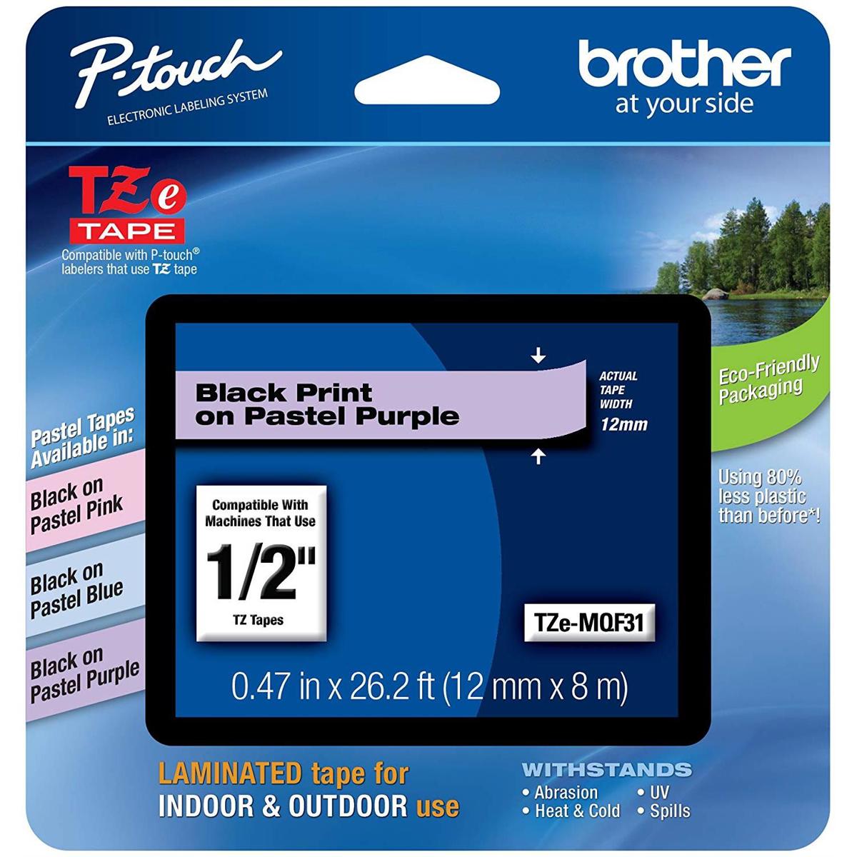 

Brother 0.47"x26.2' Laminated Tape for P-Touch Labelers, Black on Pastel Purple