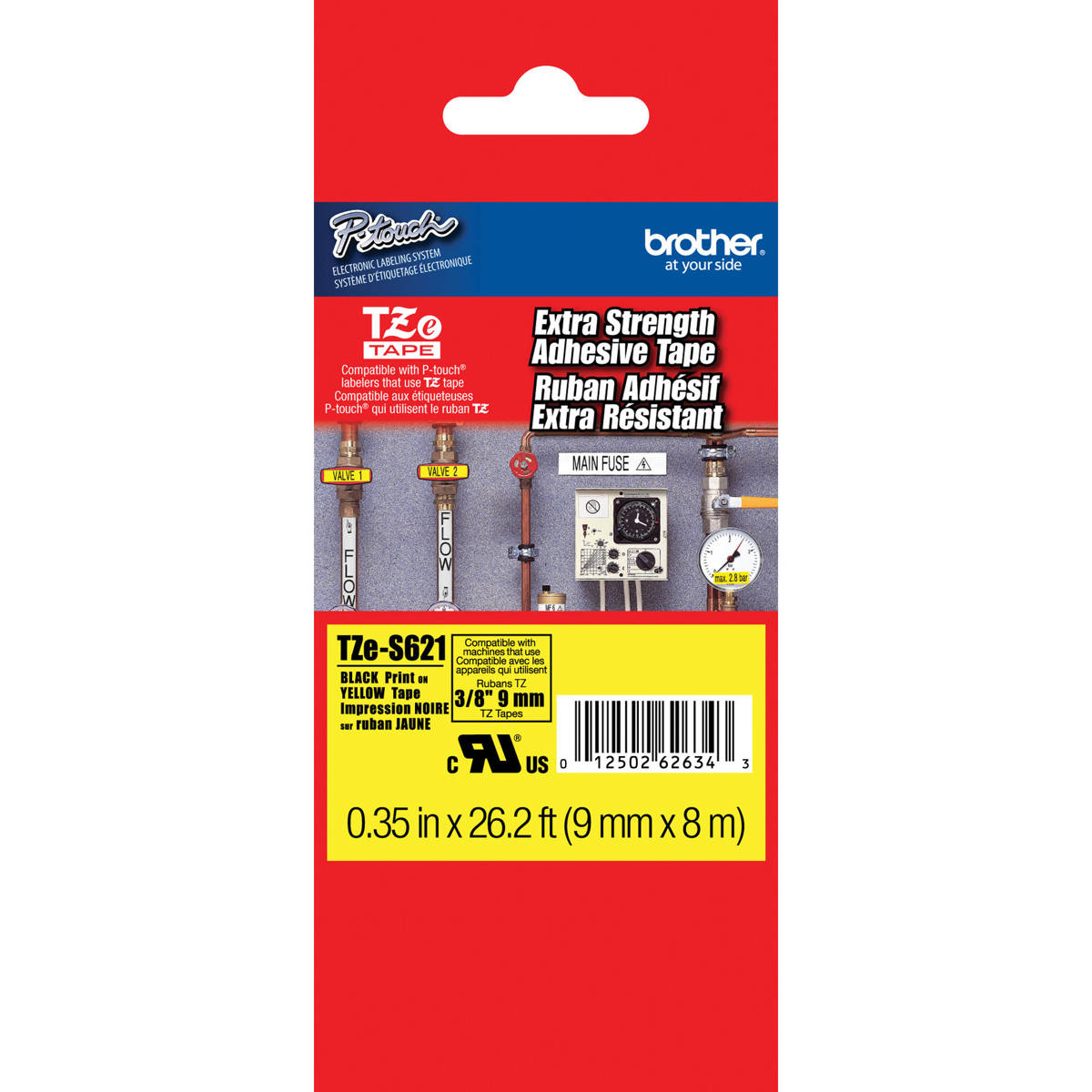 

Brother TZe-S621 0.35"x26.2' Strong Adhesive Labelling Tape, Black on Yellow