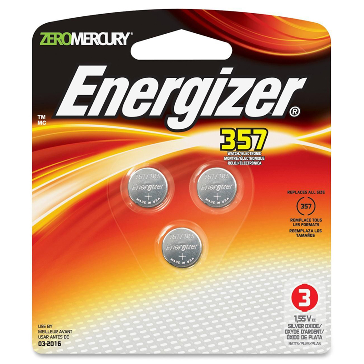 

Energizer 357BPZ-3 357 1.5V Zero-Mercury Silver Oxide Battery, 3-Pack