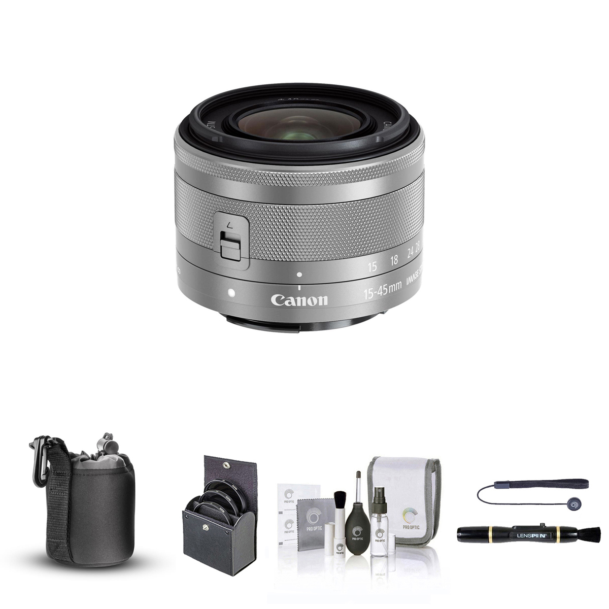 

Canon EF-M 15-45mm f/3.5-6.3 IS STM Lens, Silver with Essential Accessories Kit