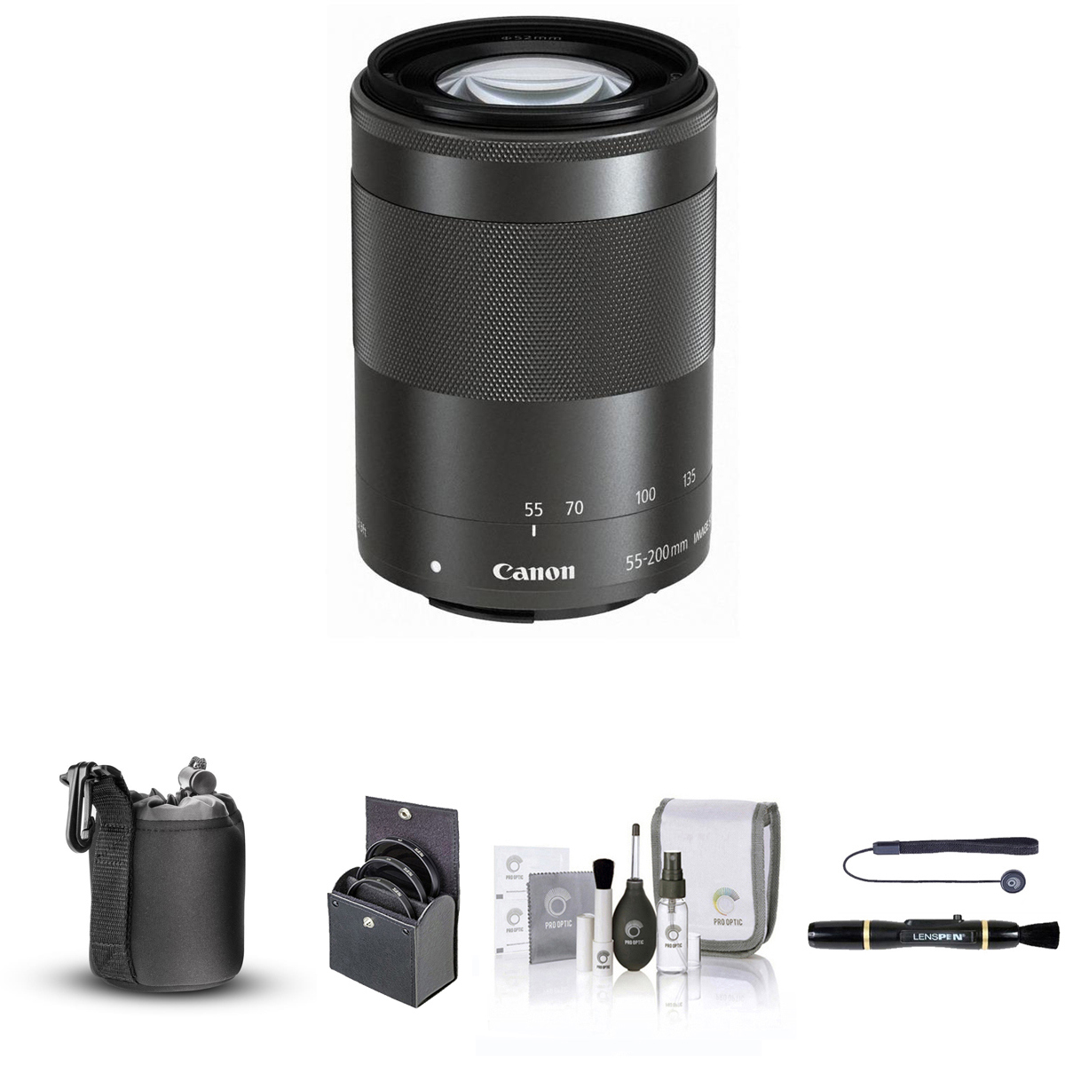 

Canon EF-M 55-200mm f/4.5-6.3 IS STM Lens, Black with Essential Accessories Kit