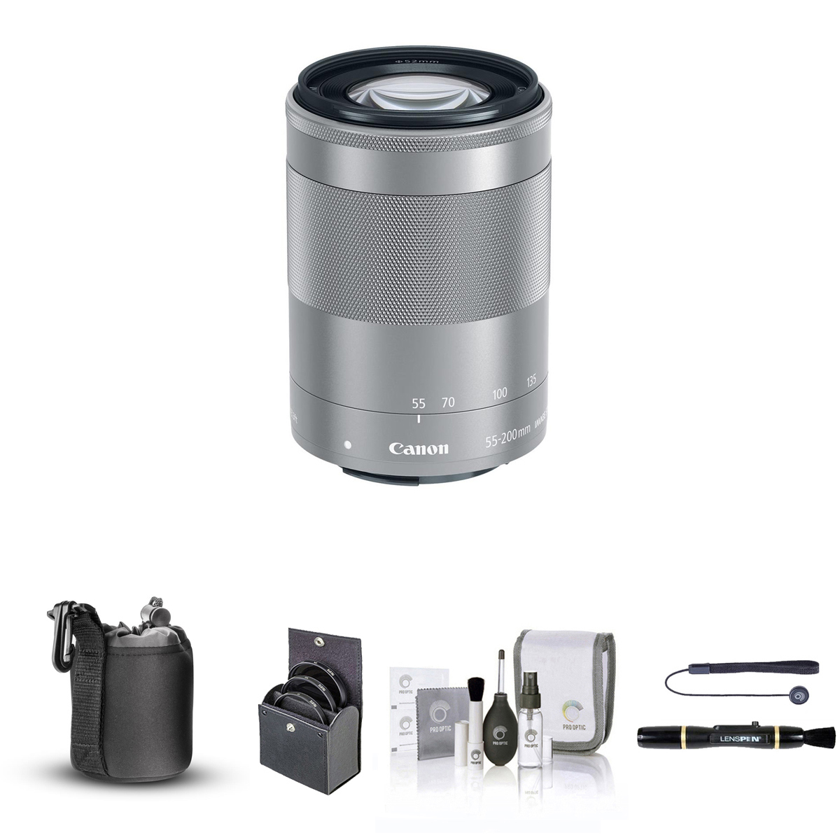 

Canon EF-M 55-200mm f/4.5-6.3 IS STM Lens, Silver with Essential Accessories Kit