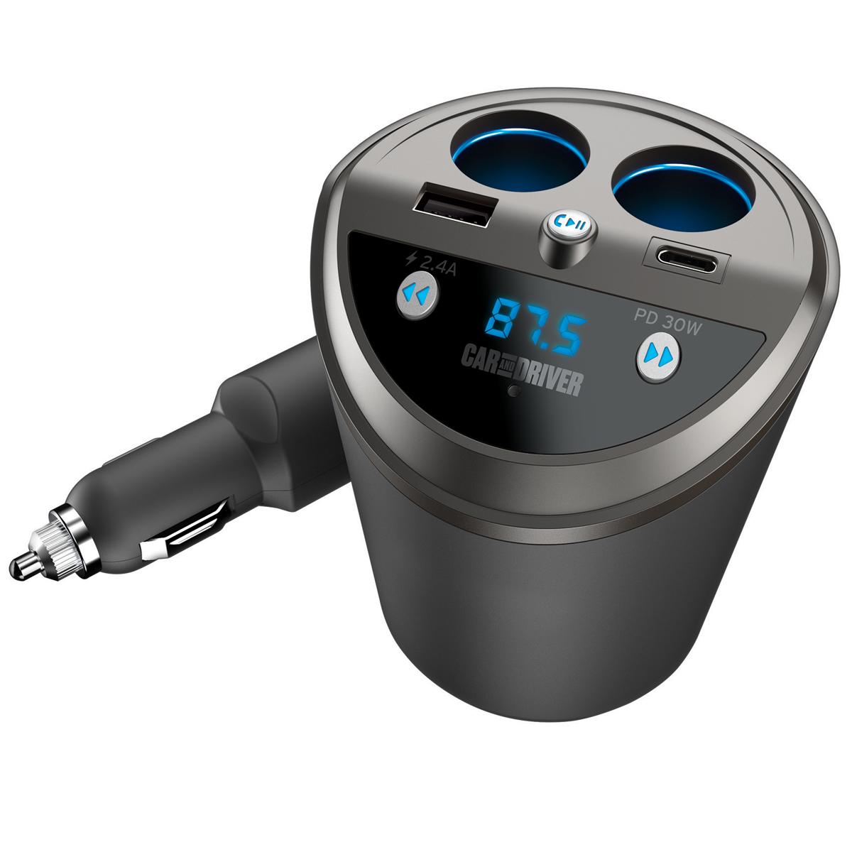 

Car and Driver FM TX & 4-Device Car Charger w/USB, USB-C, Dual 12V Sockets,Black