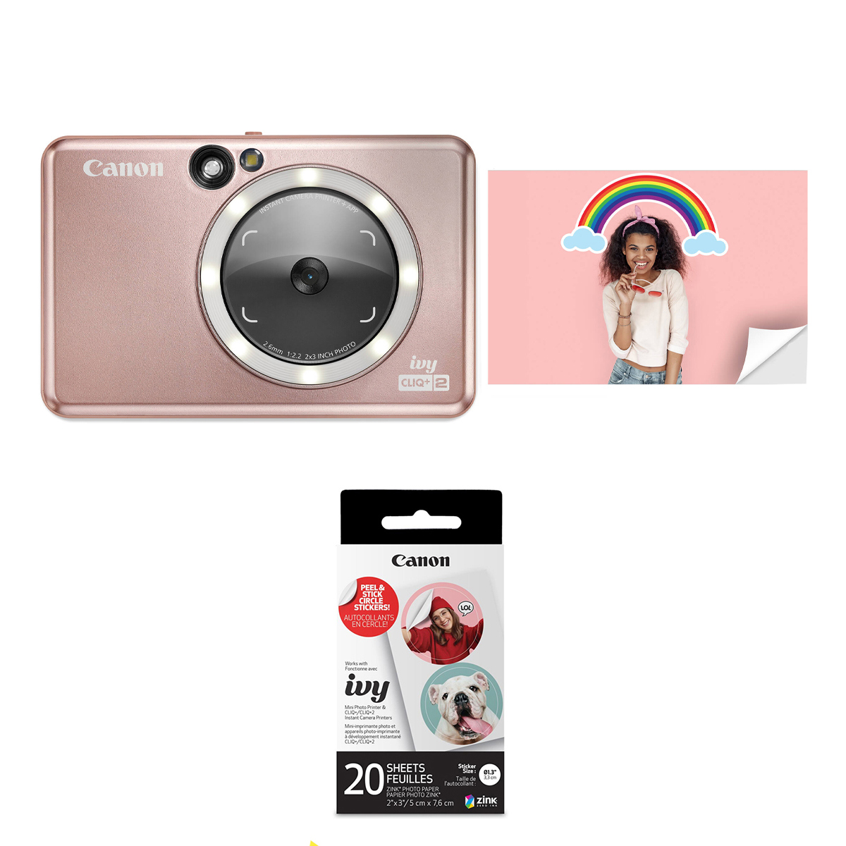 

Canon IVY CLIQ+2 Instant Camera Printer + App, Rose Gold with ZINK Sticker Paper