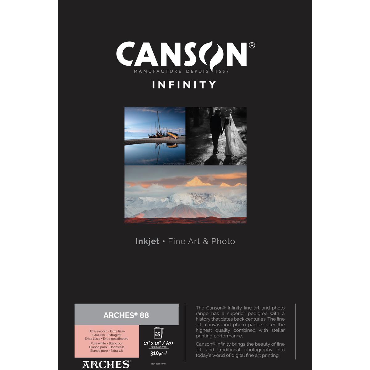 

Canson Infinity ARCHES 88 Pure White Matte Inkjet Paper, A3+ 13x19", 25 Sheet