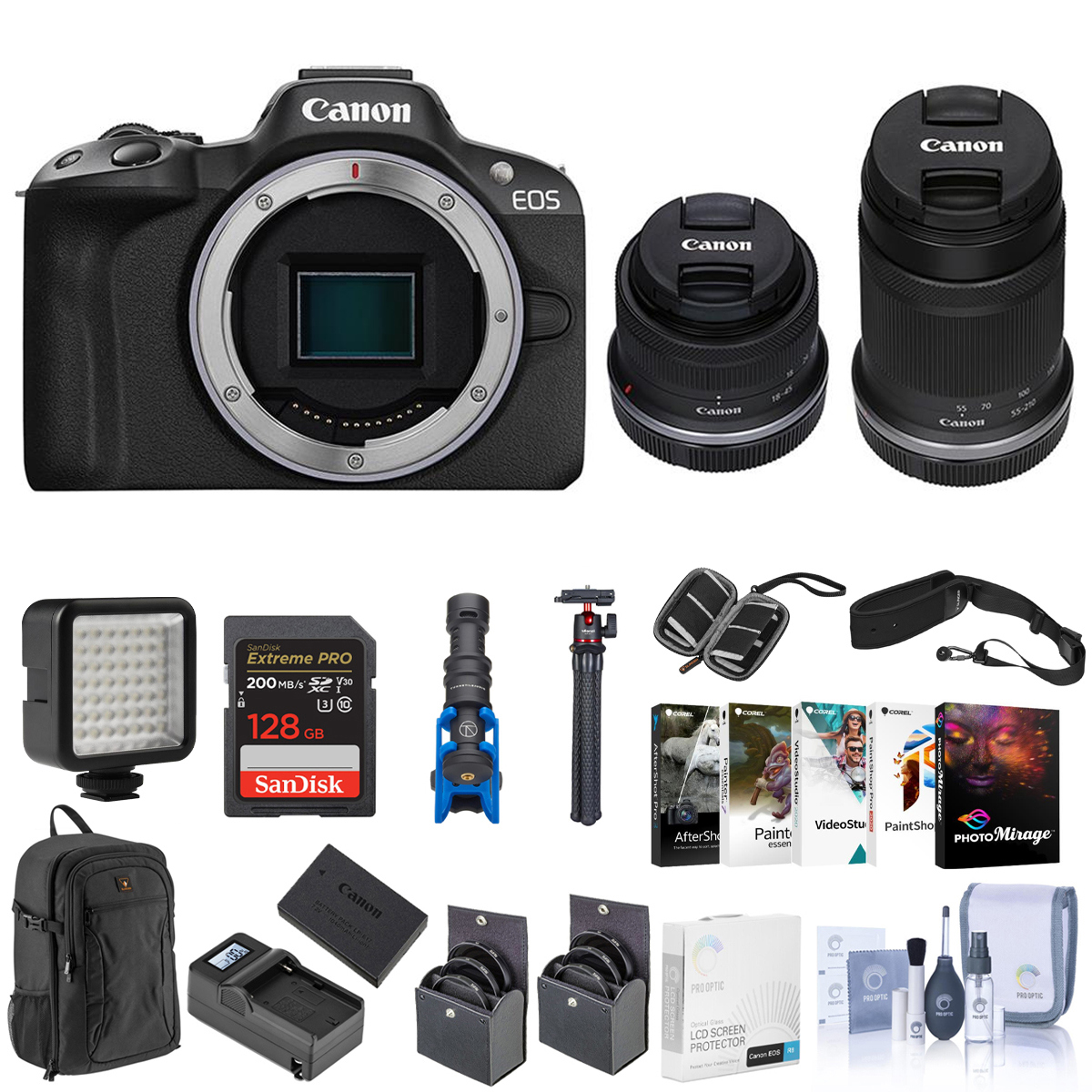 

Canon EOS R50 Camera w/18-45mm f/4.5-6.3, 55-210mm f/5-7.1 Lens & Complete Kit