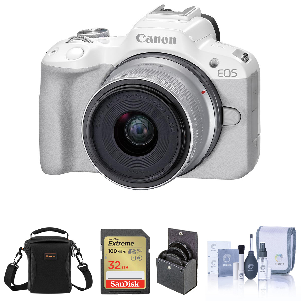 

Canon EOS R50 Camera, White with RF-S 18-45mm f/4.5-6.3 Lens, Accessories Kit