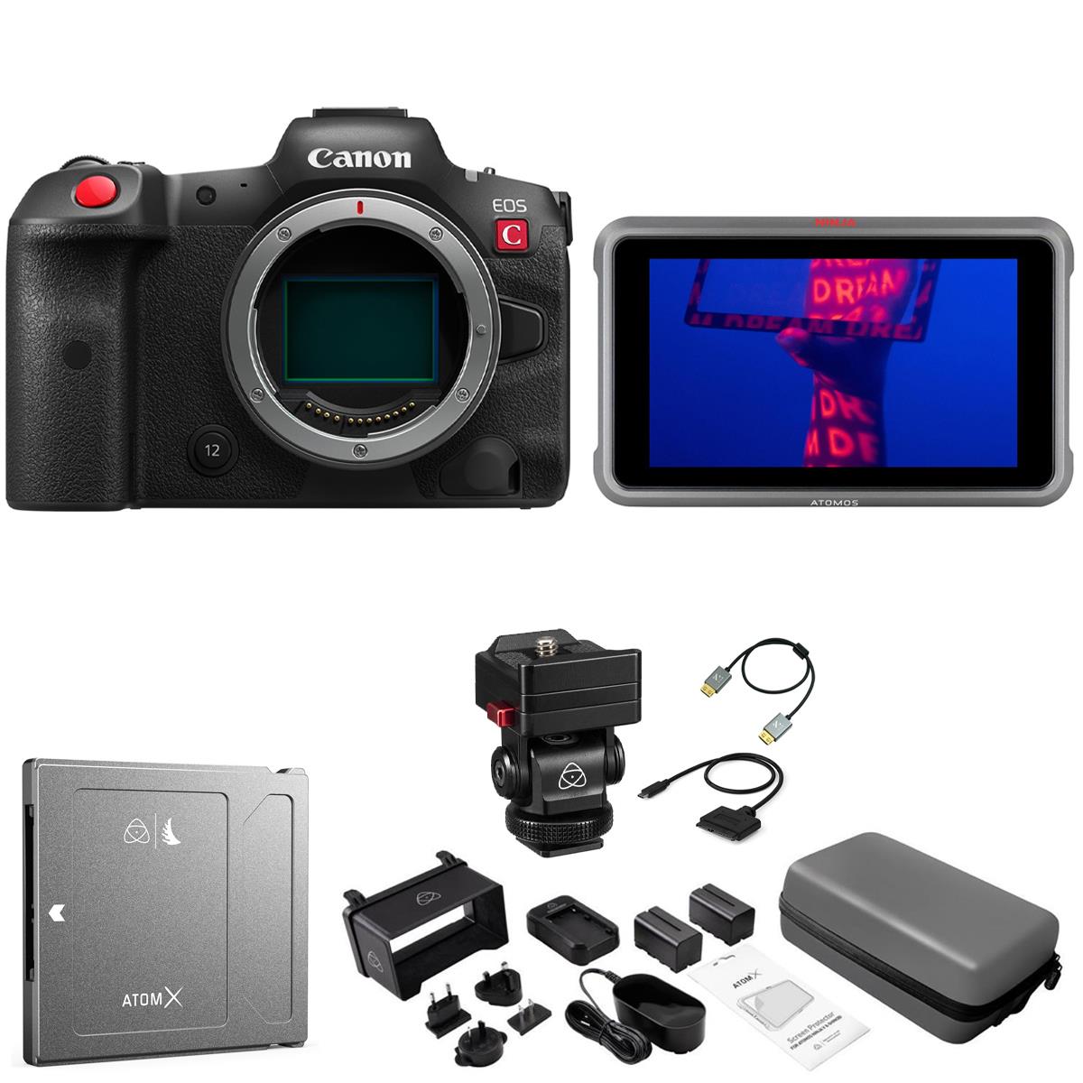 Canon EOS R5 C Mirrorless Digital Cinema Camera Body with Atomos Ninja V+, Acc.