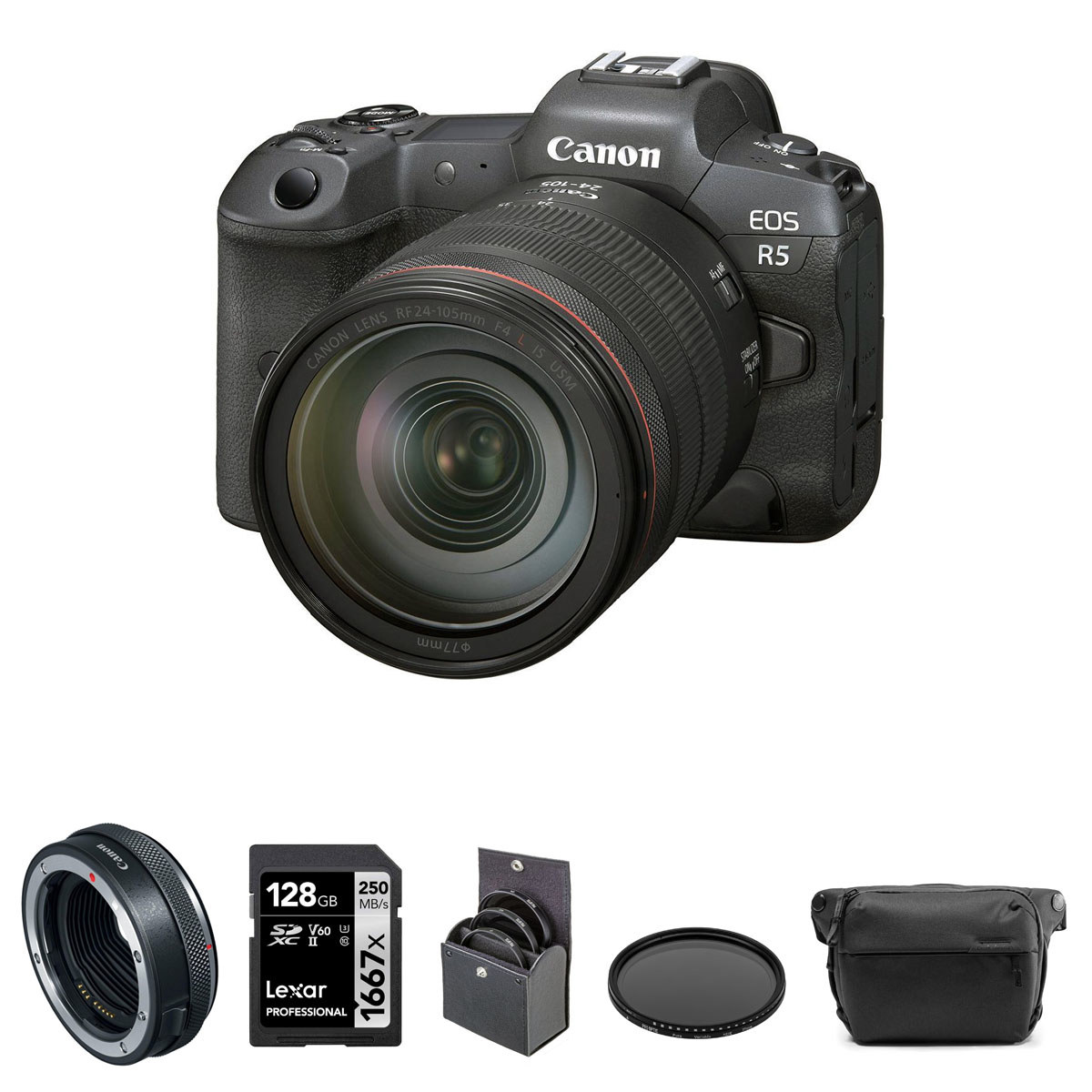 Canon EOS R5 Mirrorless Camera with RF 24-105mm f/4L Lens, Mount Adapter Kit
