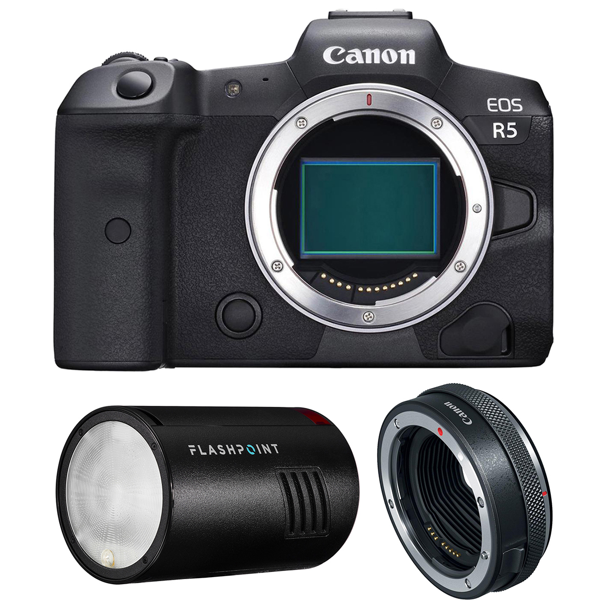 Image of Canon EOS R5 Mirrorless Camera w/Control Ring Mount Adapter w/External Flash Kit