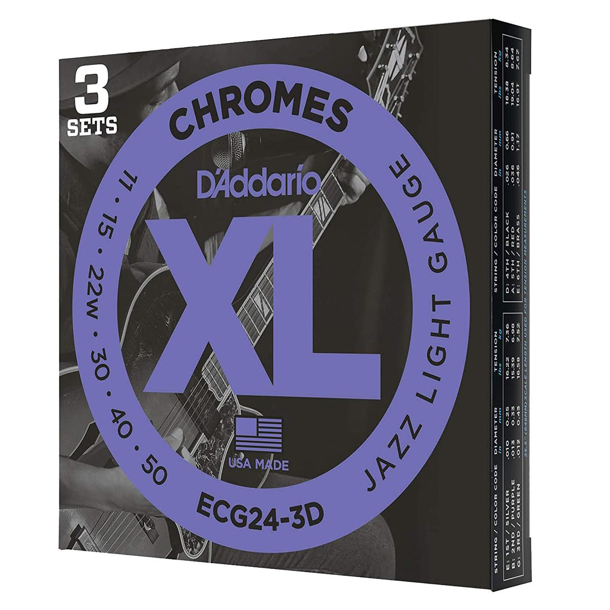 

D'Addario ECG24 XL Chromes Guitar Strings Set, Jazz Light, 11-50 Gauge, 3-Pack