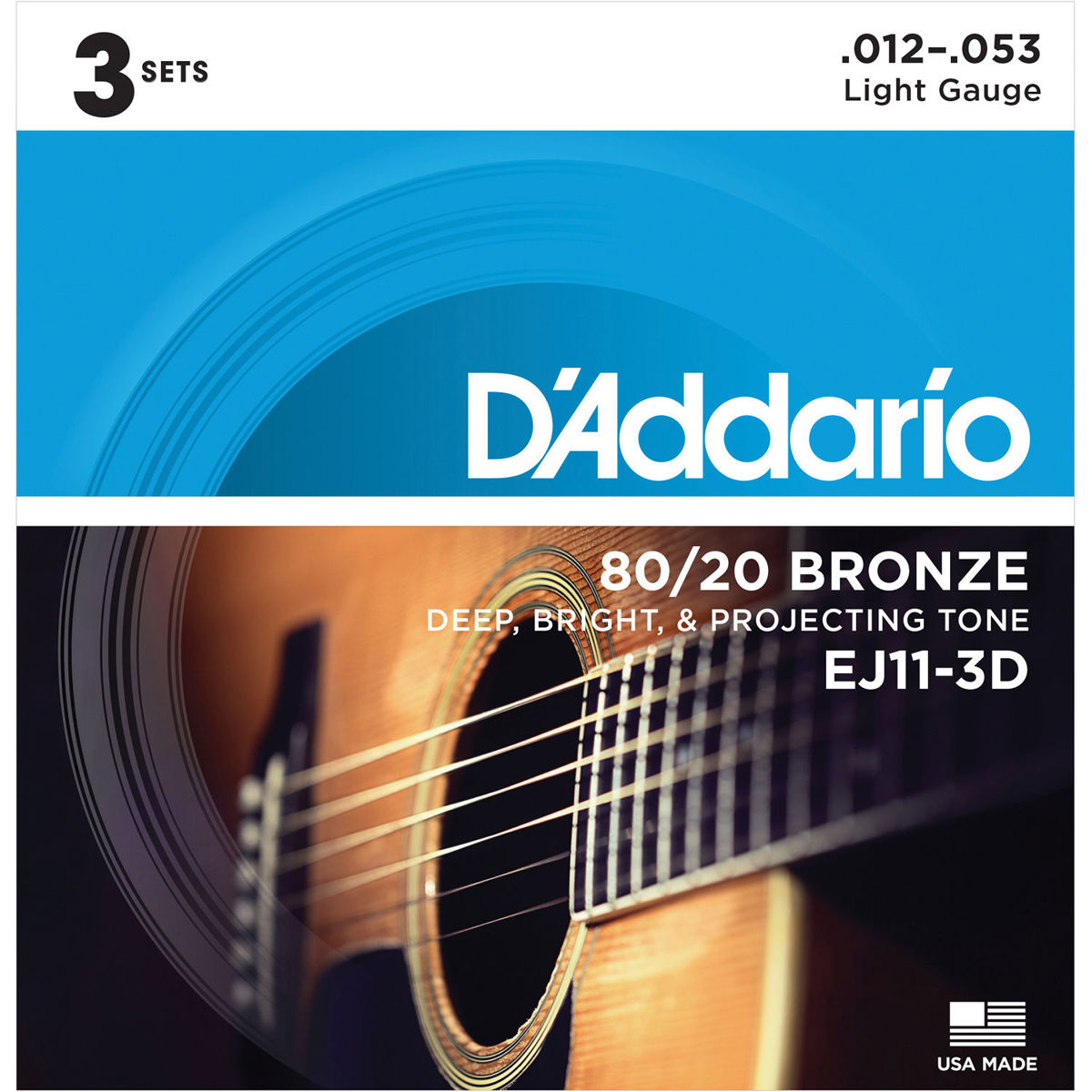 DAddario EJ11 80/20 Bronze Струны для акустической гитары, обычные легкие, 3 шт. в упаковке