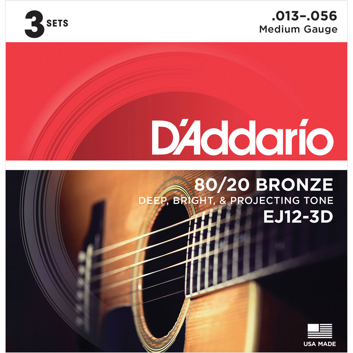 DAddario EJ12 80/20 Bronze Струны для акустической гитары, средний размер, 3 шт. в упаковке #EJ12-3D