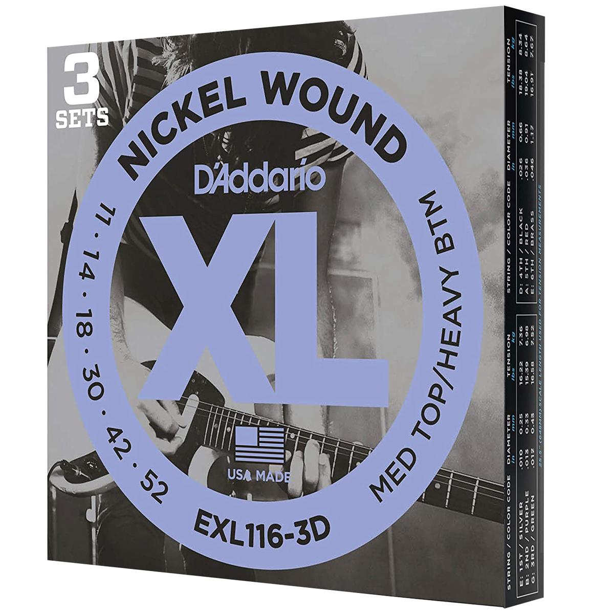 

D'Addario EXL116 XL Nickel Wound Electric Guitar Strings Set, Medium Top, 3-Pack