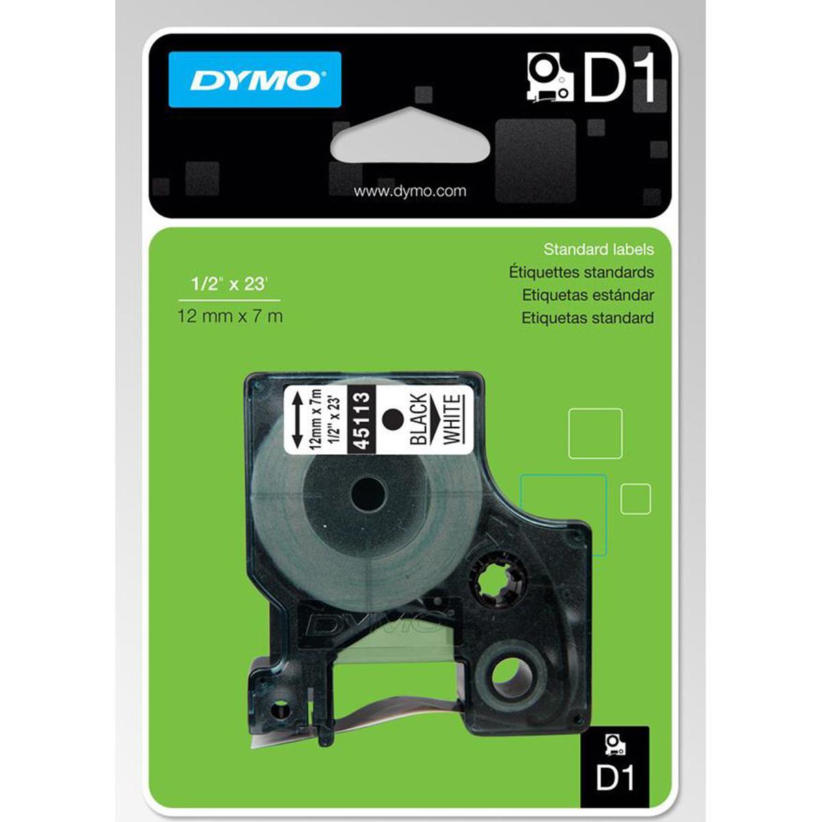 

Dymo 45113 D1 Tape Cassette (Black Print, White Tape - 1/2" x 23')