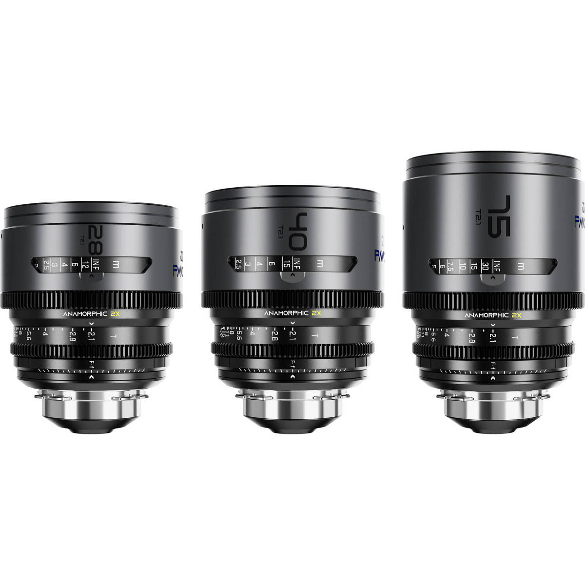 

DZOFILM PAVO 28/40/75mm T2.1 2x Anamorphic Prime 3-Lens Kit for PL/EF, Blue,Feet